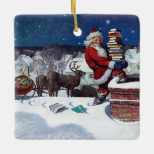 Santa liefert Bücher von Wyeth Keramikornament