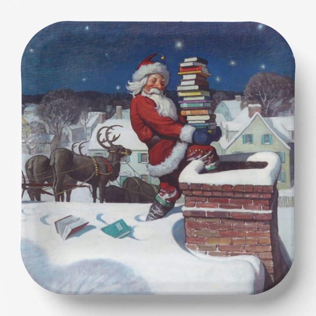 Santa liefert Bücher von Wyeth Pappteller (Vorderseite)