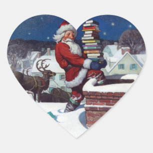 Santa liefert eine Ladung Bücher von Wyeth Herz-Aufkleber