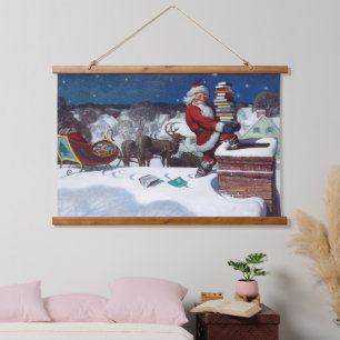Santa liefert eine Ladung Bücher von Wyeth Wandteppich Mit Holzrahmen