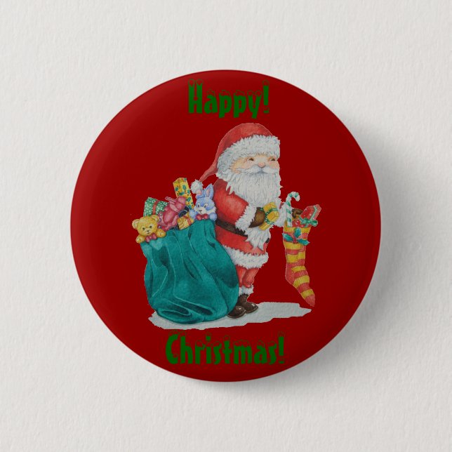 Santa liefert Geschenke in Sack für Weihnachten Button (Vorderseite)