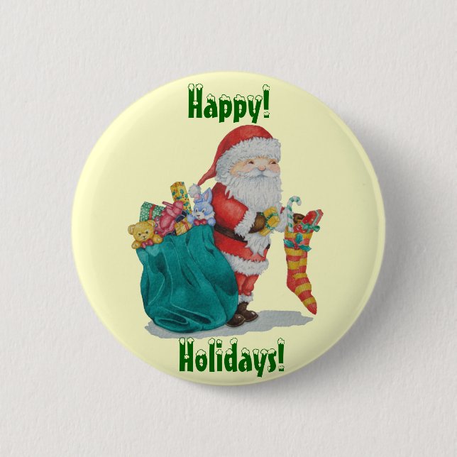 Santa liefert Geschenke in Sack für Weihnachten Button (Vorderseite)