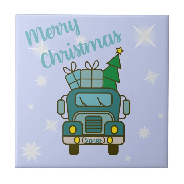 Santa LKW Vorderansicht Frohe Weihnachten Fliese (Vorderseite)