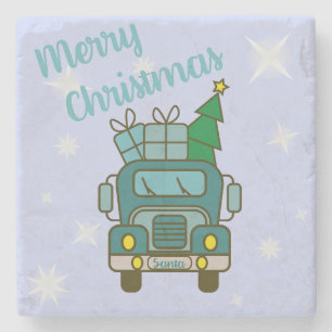 Santa LKW Vorderansicht Frohe Weihnachten Steinuntersetzer