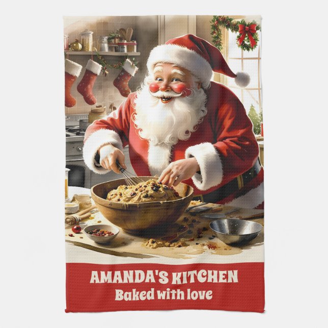 Santa Making Fruchtkuchen Personalisiert Weihnacht Geschirrtuch (Vertikal)