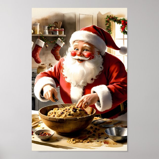 Santa Making Fruitcake Weihnachtsküche Kunst Poster (Vorne)