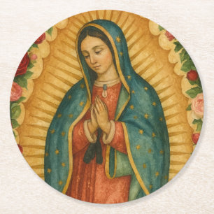 Santa Maria, Virgen de Guadalupe Mutter Maria Rose Runder Pappuntersetzer
