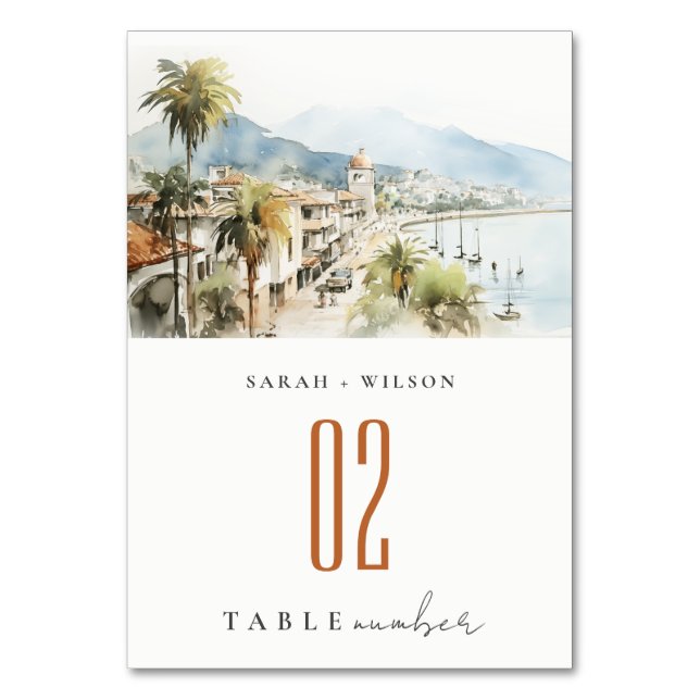 Santa Marta Colombia Watercolor Landscape Wedding Tischnummer (Vorderseite)