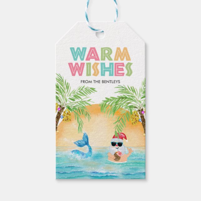 Santa Mermaid Tropical Beach Palms Weihnachten Geschenkanhänger (Vorderseite)
