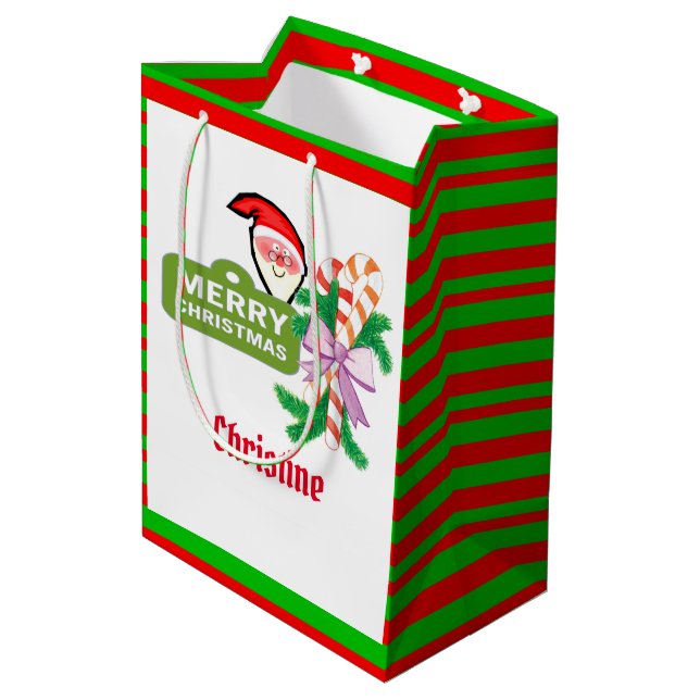 Santa Merry Christmas Stripe Geschenktaschen Mittlere Geschenktüte (Rückseite Schrägansicht)