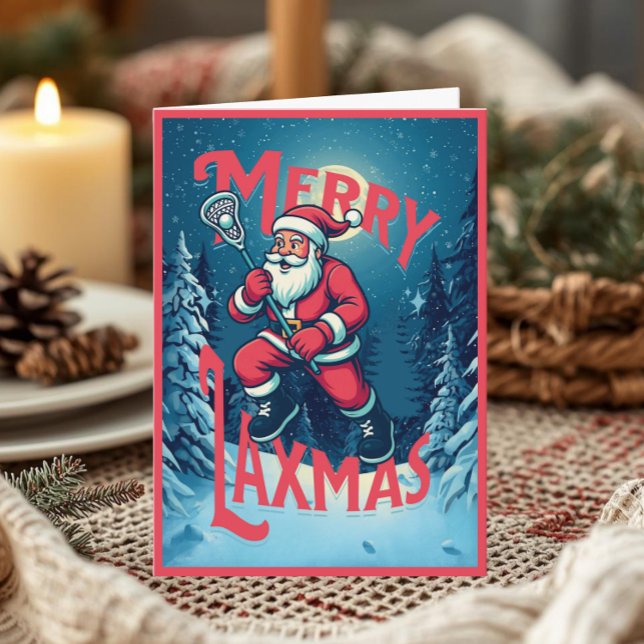 Santa Merry Laxmas Lacrosse Christmas Photo Karte (Festive “Merry Laxmas” holiday greeting card with Santa playing lacrosse in a winter forest)