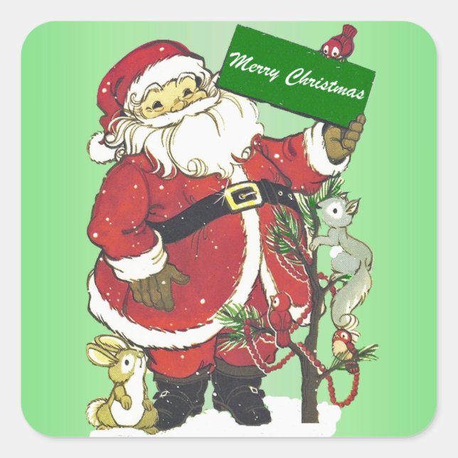 Santa Merry Weihnachtslieder Tiere grün Quadratischer Aufkleber (Vorderseite)