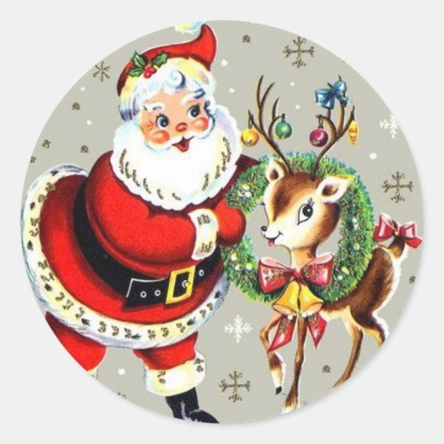 Santa Mid Century Reindeer Runder Aufkleber (Vorderseite)