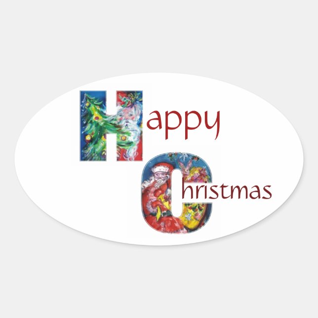 SANTA MIT BALLOONS UND CHRISTMAS BAUMONOGRAM OVALER AUFKLEBER (Vorderseite)
