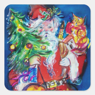 SANTA MIT CHRISTMAS TREE UND GIFTS QUADRATISCHER AUFKLEBER