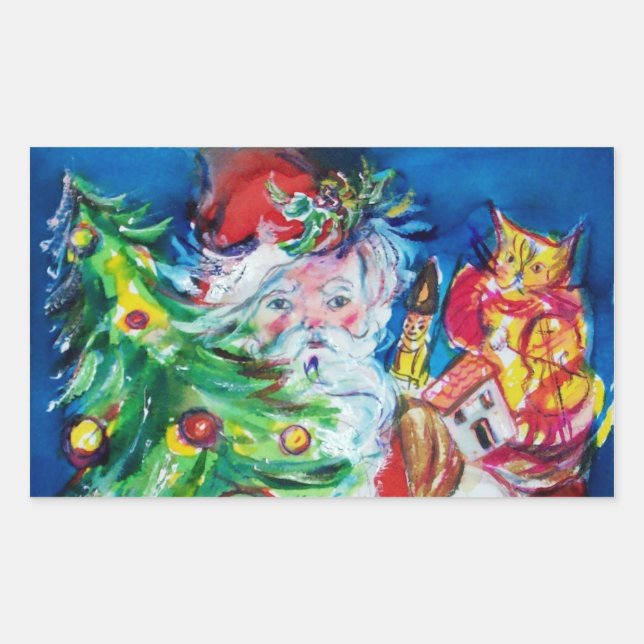 SANTA MIT CHRISTMAS TREE UND GIFTS RECHTECKIGER AUFKLEBER (Vorderseite)