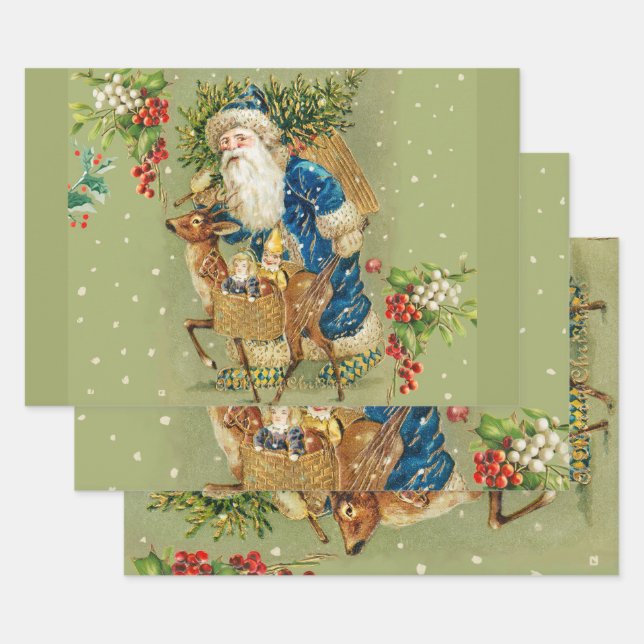 SANTA MIT DEER UND CHRISTMAS GIFTS IM WINTERSCHNEE GESCHENKPAPIER SET (Set)