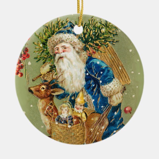 SANTA MIT DEER UND CHRISTMAS GIFTS IM WINTERSCHNEE KERAMIK ORNAMENT (Vorne)