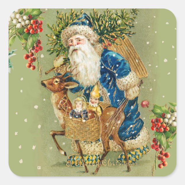 SANTA MIT DEER UND CHRISTMAS GIFTS IM WINTERSCHNEE QUADRATISCHER AUFKLEBER (Vorderseite)