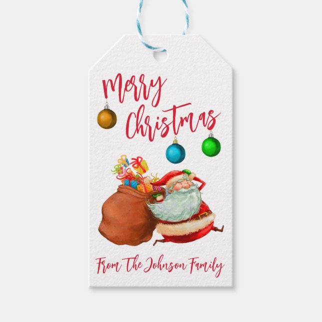Santa mit einem Sack von Geschenken Frohe Weihnach Geschenkanhänger (Vorderseite)
