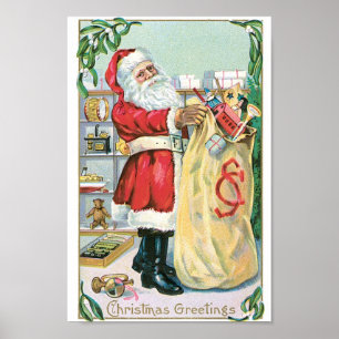 Santa mit einer großen Tüte an Geschenken Poster