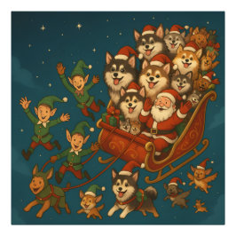 Santa mit fröhlichen Hunden und Elfen! Fotodruck