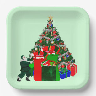 Santa mit Geschenken an Baumpapier-Tellern Pappteller