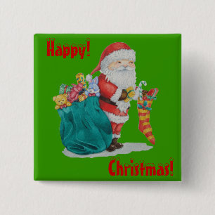 Santa mit grünem Sack, bereit für Weihnachten Button