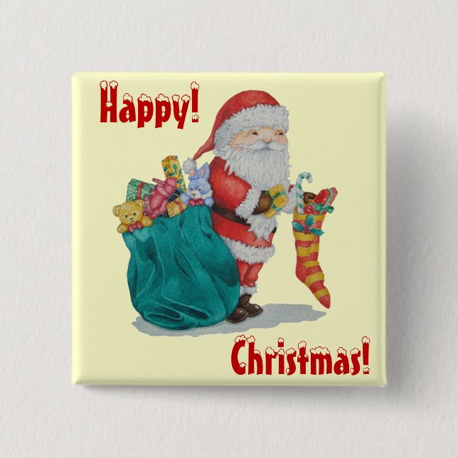 Santa mit grünem Sack, bereit für Weihnachten Button (Vorderseite)