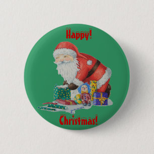 Santa mit grünem Sack, bereit für Weihnachten Button