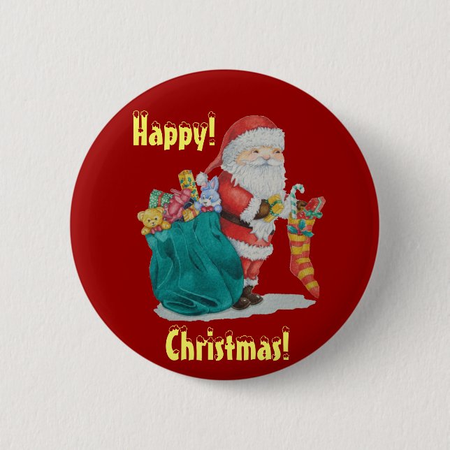 Santa mit grünem Sack, bereit für Weihnachten Button (Vorderseite)