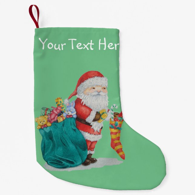 Santa mit grünem Sack gefüllt mit Weihnachtsgesche Kleiner Weihnachtsstrumpf (Vorderseite)