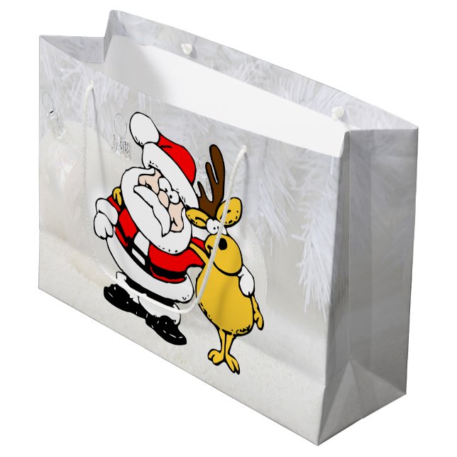 Santa mit Hirsch Cartoon große Geschenktasche Geschenktüte (Vorderseite Schrägansicht)