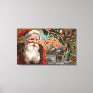 Santa mit Holly, Dorfszene Leinwanddruck