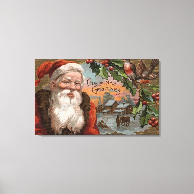 Santa mit Holly, Dorfszene Leinwanddruck (Vorderseite)