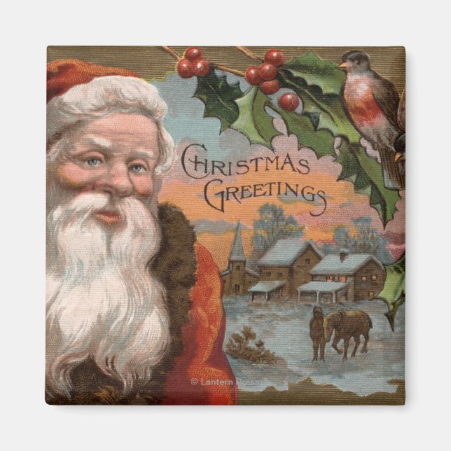 Santa mit Holly, Dorfszene Magnet (Vorne)