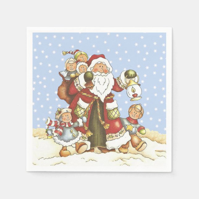 Santa mit Lattern Kinder im Schnee fallen Serviette (Vorderseite)