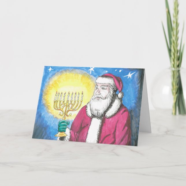 Santa mit Menorah Feiertagskarte (Vorderseite)