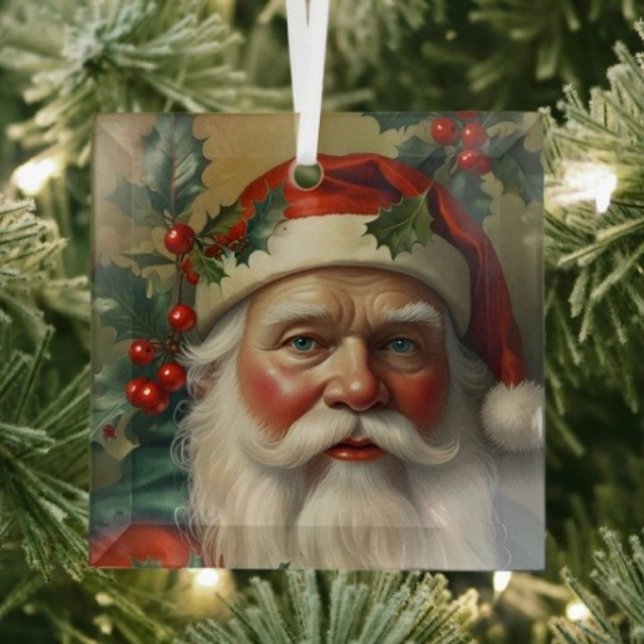 Santa mit Mistletoe Ornament Aus Glas (Glass Square Ornament frosted back one-sided printable size: 3”.)