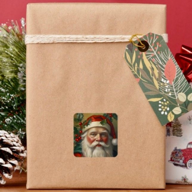 Santa mit Mistletoe Quadratischer Aufkleber (Sticker sheet, 6 different sizes. Matte, glossy or glossy transparent finish. 
)
