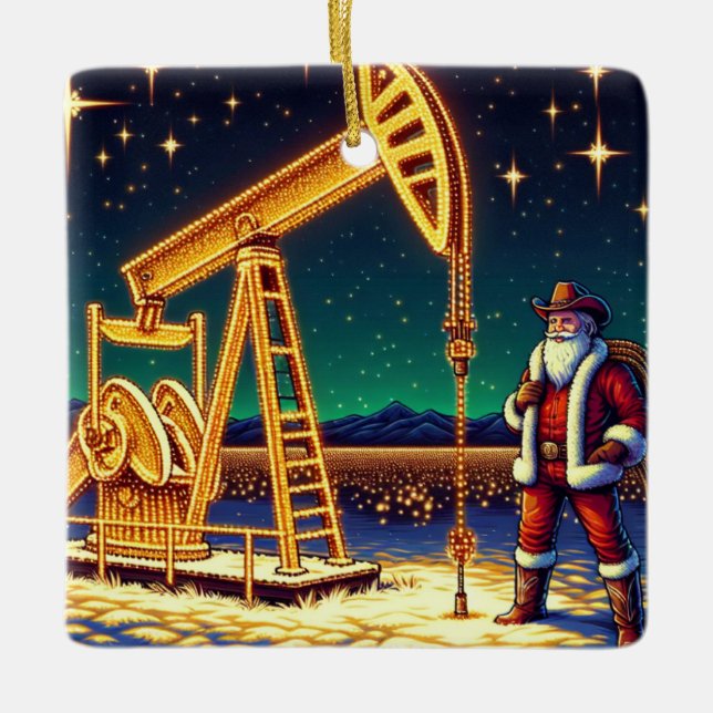 Santa mit Ölpumpe Jack mit Weihnachtsbeleuchtung Keramikornament (Vorderseite)