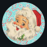 Santa mit Pfefferminzen Runder Aufkleber<br><div class="desc">Vintages Santa-Design eines Jolly-Weihnachtsmanns vor türkisfarbenem Hintergrund mit Pfefferminzen und Bonbons.</div>