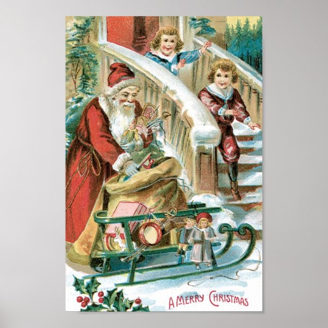 Santa mit Schlitten und Geschenke für Kinder Poster (Vorne)