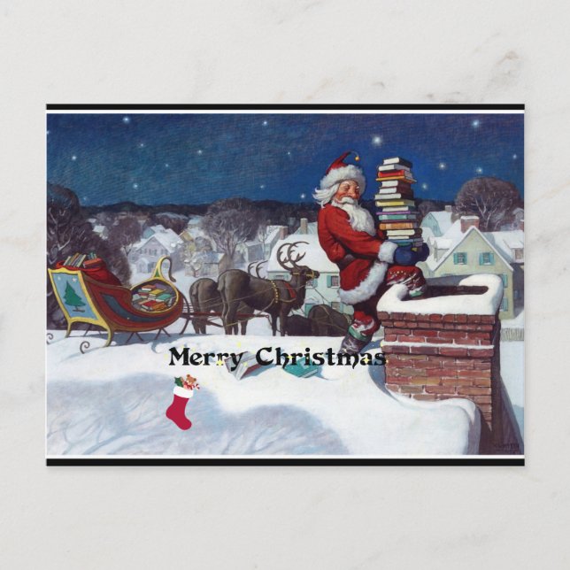 Santa mit Schlitten voller Bücher, Frohe Weihnacht Postkarte (Vorderseite)