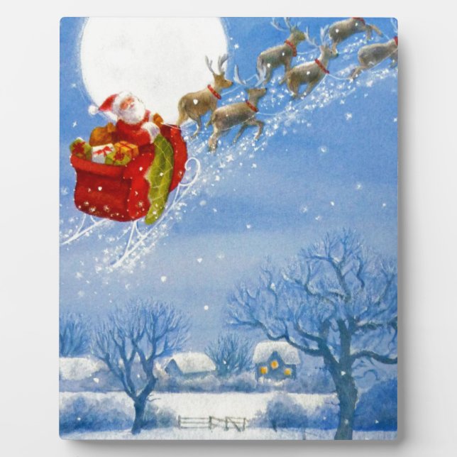 Santa mit seinem fliegenden Rentier Fotoplatte (Vorderseite)