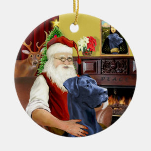 Santa mit seiner blauen Dogge (Natur Ohren) Keramikornament