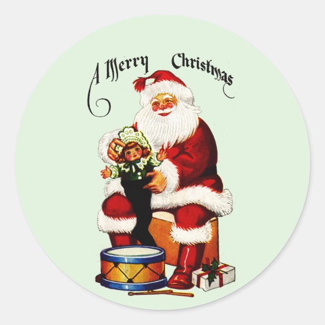 Santa mit Spielzeug frohe Weihnachten Runder Aufkleber (Vorderseite)