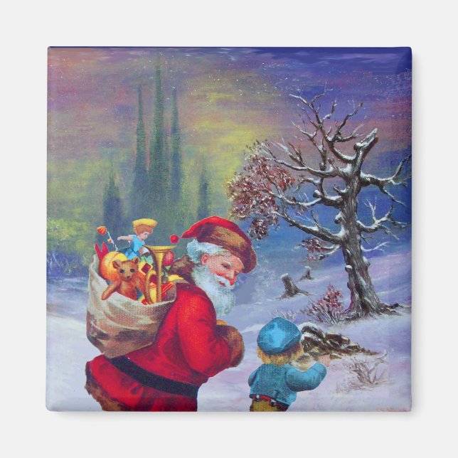 SANTA MIT SPIELZEUGEN UND KINDERN IM WINTERSCHNEE MAGNET (Vorne)