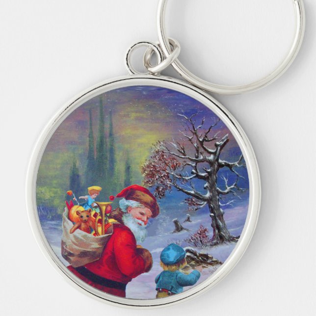 SANTA MIT SPIELZEUGEN UND KINDERN IM WINTERSCHNEE SCHLÜSSELANHÄNGER (Vorne)