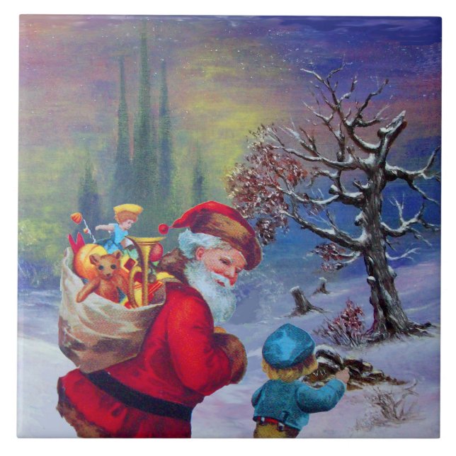 SANTA MIT SPIELZEUGEN UND KINDERN IM WINTERSCHNEEB FLIESE (Vorderseite)